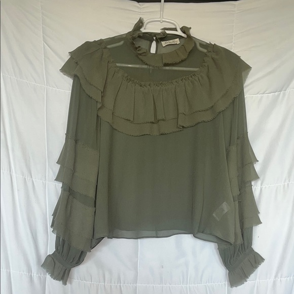 LoveShackFancy Women’s 100% Silk Sage Green Ruffle Sheer Romantic Size Small Top - Picture 1 of 6